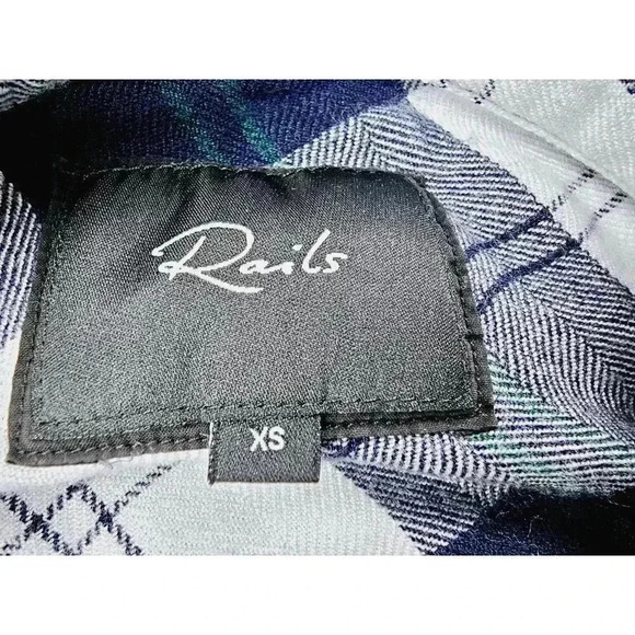 Rails Size XS Women's Black White Gray Check Green Trim Logo Tag Rayon L/S Shirt - Picture 4 of 12